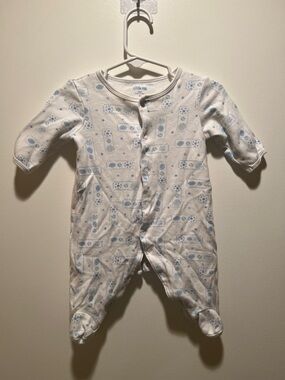 Little Me White and Light Blue Printed Cotton Footed One-Piece